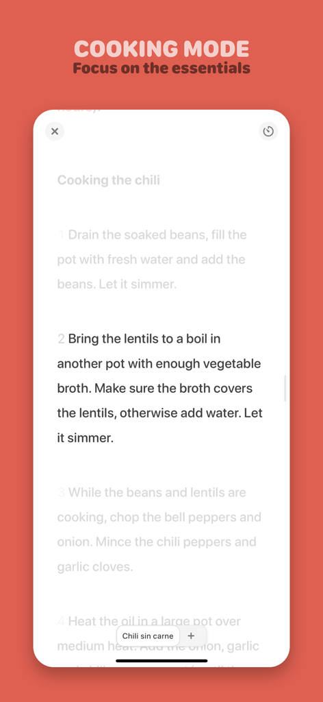 Mela - Recipe Manager - The Mela app showing its cooking mode interface with large text and focused recipe instructions for easy reading while cooking.