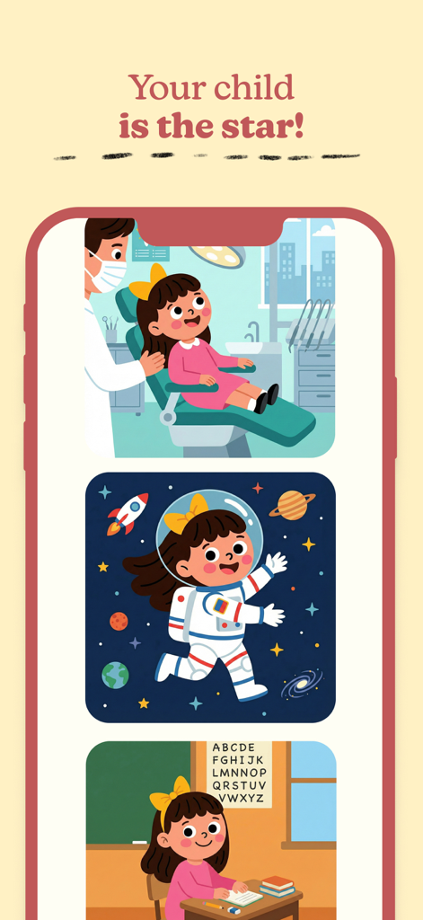 Super Stories: Smart Tales - Una niña se muestra como astronauta, estudiante y en el dentista en varias escenas de historias.