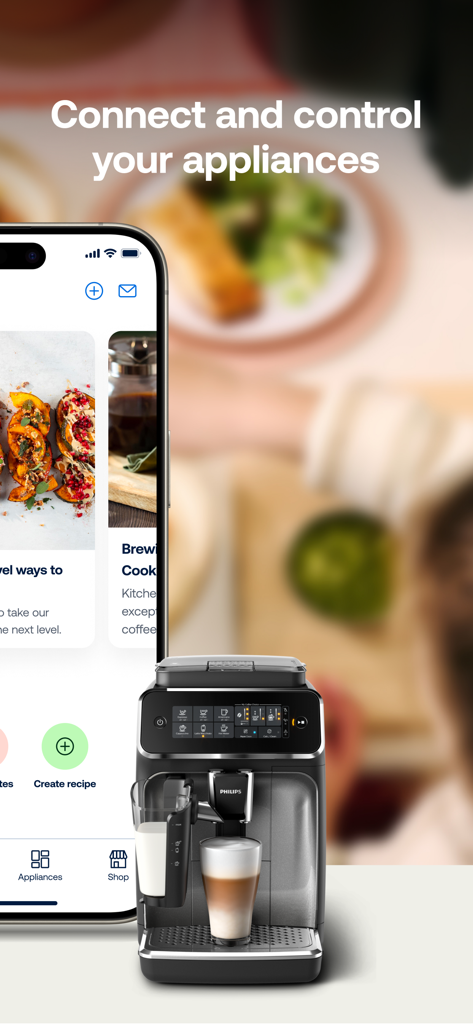 HomeID (Kitchen+) - Smartphone che mostra l'app HomeID accanto a una macchina per caffè espresso Philips per il controllo degli elettrodomestici