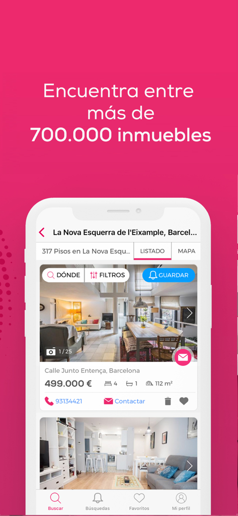 yaencontre - pisos y casas - Interfaz de la aplicación inmobiliaria yaencontre que muestra anuncios de apartamentos en Barcelona