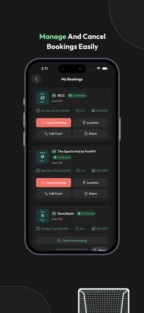 Yalla Hagz - يلا حجز - Smartphone screen showing the My Bookings page of the Yalla Hagz app with options to manage and cancel sports court reservations