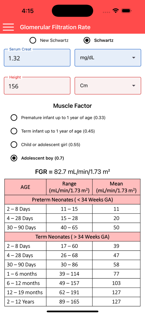 Interface of the PediaTools app showing the Glomerular Filtration Rate calculator and a reference table for children