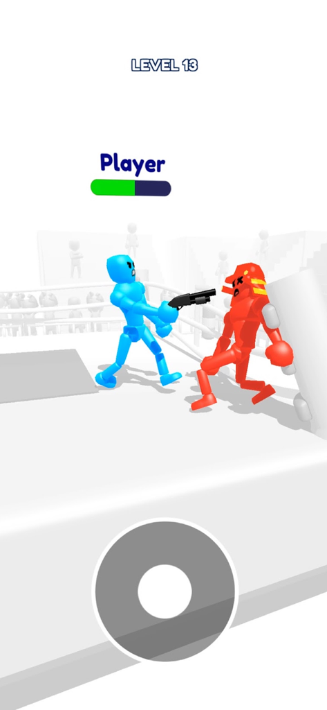 Ragdoll Stick Fighter: Bash - A blue stickman character aims a shotgun at a red opponent in a 3D ragdoll fighting arena.
