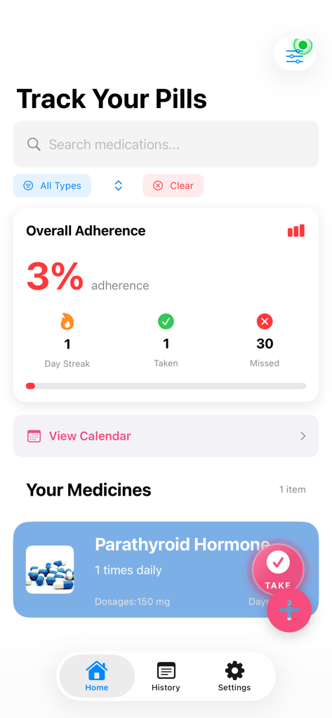 Tela inicial do aplicativo Track Your Pills exibindo estatísticas de adesão a medicamentos e a agenda diária de pílulas.