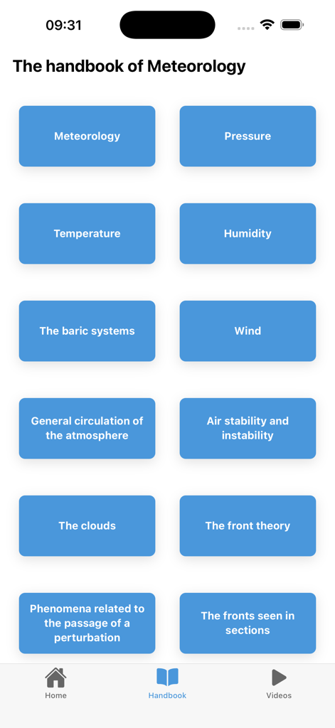 Main menu of the Marine Meteorology app showing educational chapters on weather topics like pressure and wind.