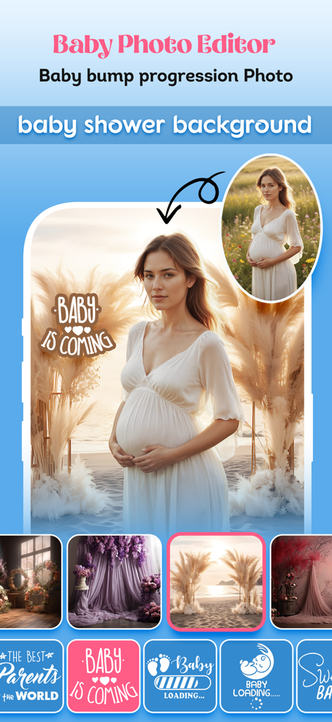 Baby Photo Editor & Story - Interfaz de la aplicación Baby Photo Editor que muestra la foto de una mujer embarazada siendo editada con un fondo de playa de hierba de pampa y pegatinas de embarazo