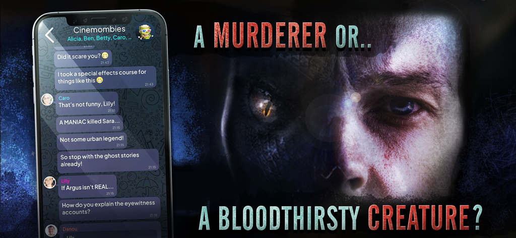 Interfaccia di chat del messenger del gioco Argus con un volto diviso tra un umano e un mostro assetato di sangue