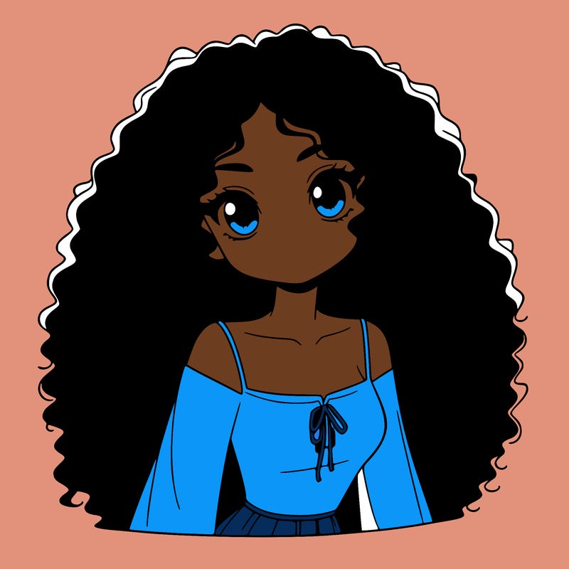 a black anime girl with long afro hair