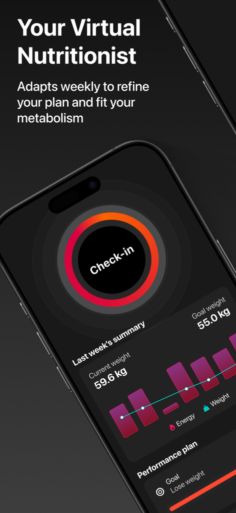 Calorie Counter - FitCounter - Interfaccia dell'app FitCounter che mostra una dashboard di nutrizionista virtuale con un pulsante di controllo settimanale e un grafico riassuntivo dei progressi di peso.