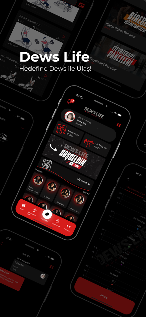 DewsLife - Interfaccia dell'app mobile DewsLife che mostra dashboard di fitness, selezione dell'allenatore e tracciamento dei progressi dell'allenamento