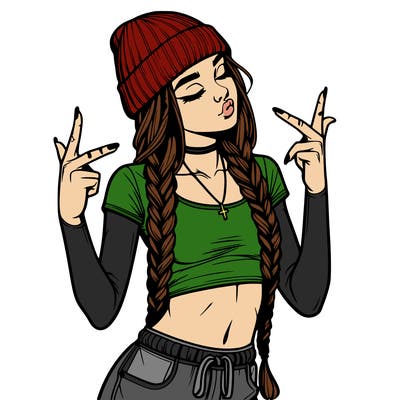 realistic teenage girl with braids and a beanie and crop top doing 🫶🏼