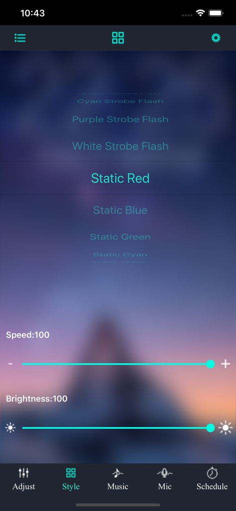 LotusLanternX app interface showing LED light style options like Static Red and sliders for adjusting speed and brightness.
