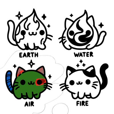 4 cats that represent the different elements, earth, water, air, and fire