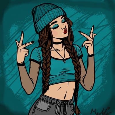 realistic teenage girl with braids and a beanie and crop top doing 🫶🏼