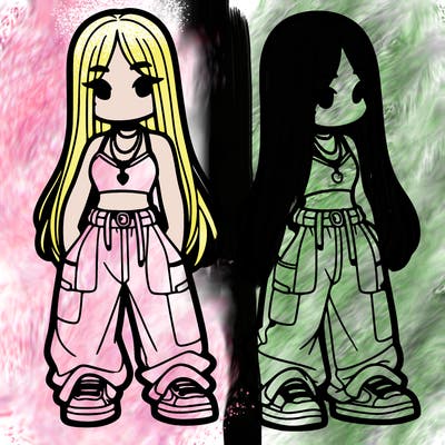 girl in baggy pants crop top and long hair