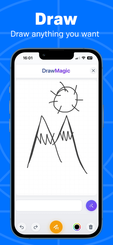 Pantalla de iPhone mostrando la aplicación DrawMagic AI con un boceto simple de montañas y un sol