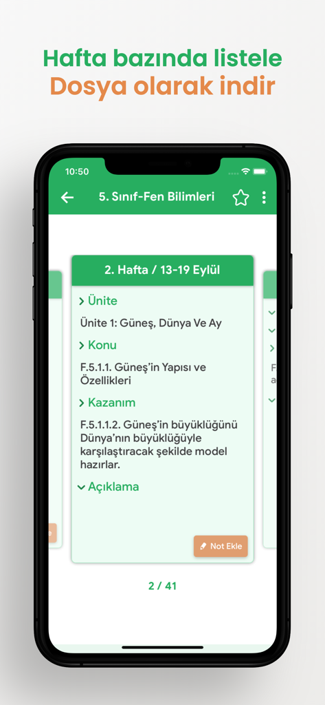 Kazanım Cepte: Yıllık Planlar - Mobile App-Oberfläche, die einen naturwissenschaftlichen Unterrichtsplan der 5. Klasse zeigt, der nach Wochen organisiert ist
