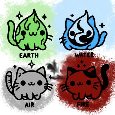 4 cats that represent the different elements, earth, water, air, and fire