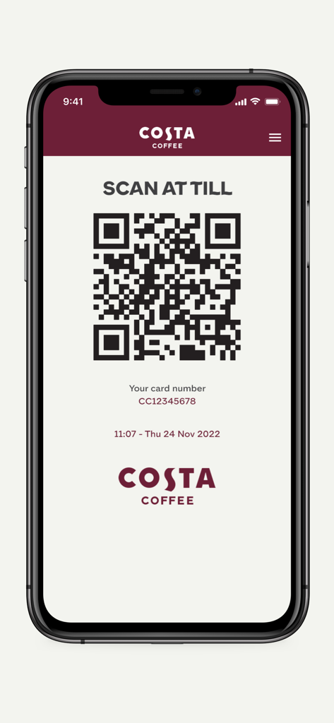 Costa Privilege Card - Costa Privilege Card app interface showing a QR code with instructions to scan at till for employee discounts.