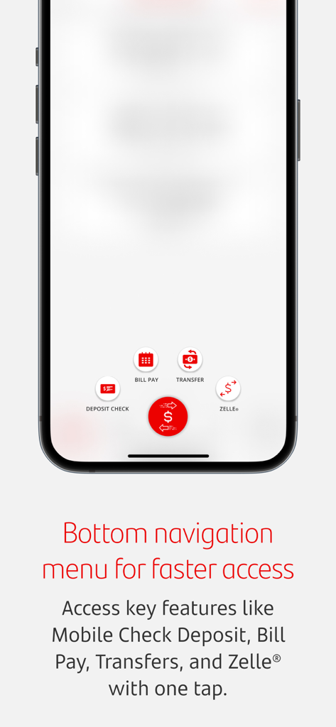 Santander Bank US - Menú de navegación inferior de la aplicación móvil Santander Bank US que muestra iconos para depositar cheques, pagar facturas, transferir y Zelle