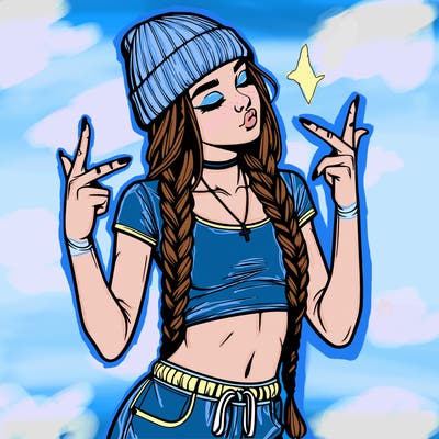 realistic teenage girl with braids and a beanie and crop top doing 🫶🏼