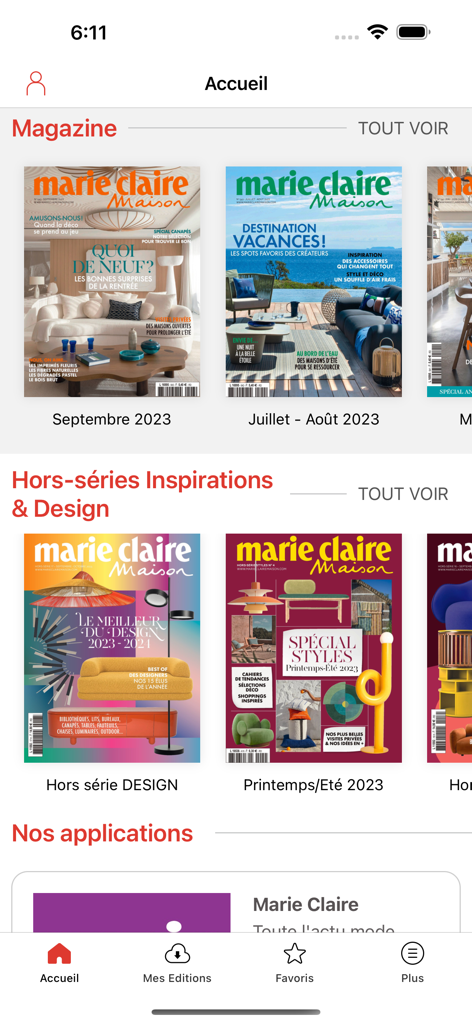 Marie Claire Maison - Marie Claire Maisonアプリのホーム画面にデジタルインテリアデザイン雑誌の表紙のギャラリーが表示されています。