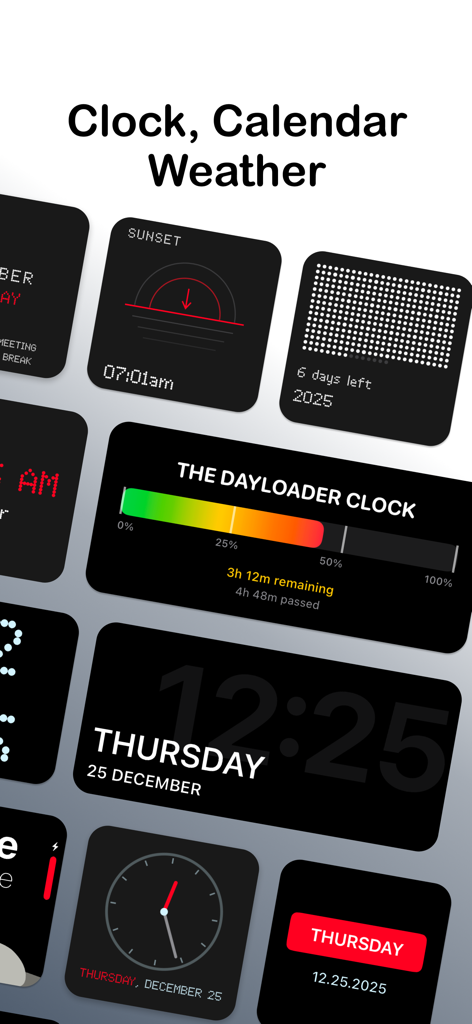 Void Widgets - Retro & Minimal - Variedade de widgets iOS retrô e minimalistas, incluindo uma barra de progresso Dayloader e relógios de matriz de pontos.