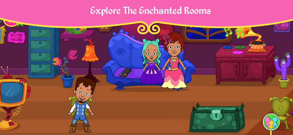 Cartoon characters sitting in an enchanted fantasy room within the Tizi Magic Princess Games app