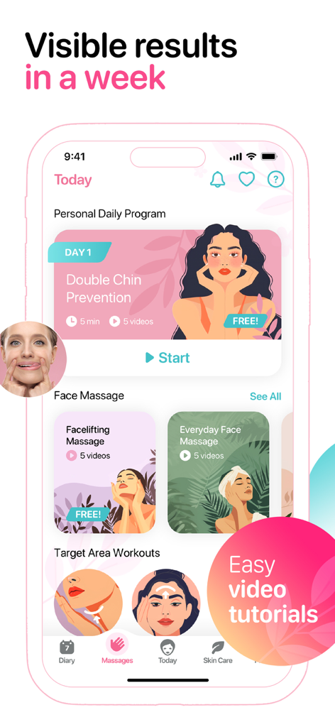 Facegym - Face Fitness Yoga - Facegym app dashboard showing personal daily program and face massage tutorials