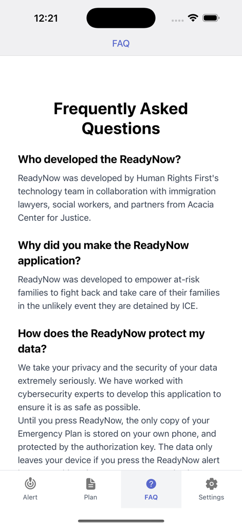 La pagina delle Domande Frequenti dell'app ReadyNow che mostra dettagli sui suoi sviluppatori e sulla privacy dei dati.