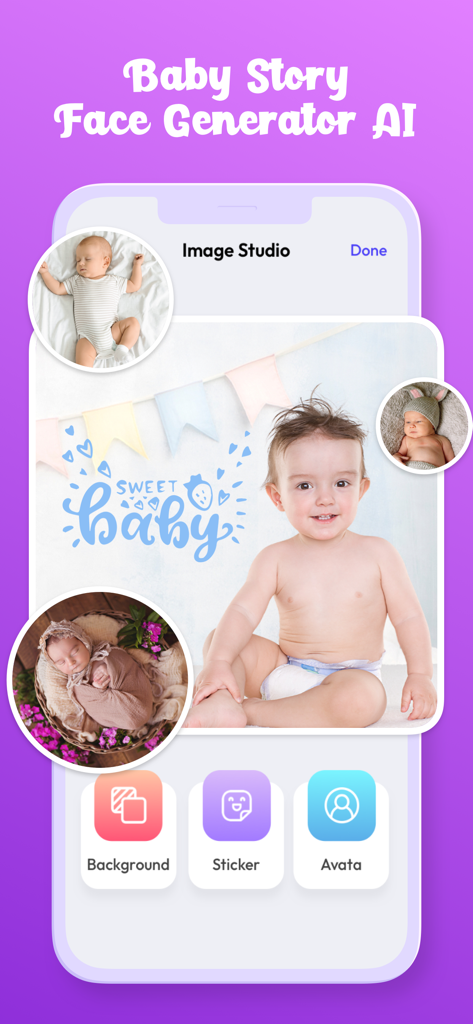 What Will My Baby Look Like - A mobile app interface called Image Studio featuring baby photos and editing tools for stickers and backgrounds