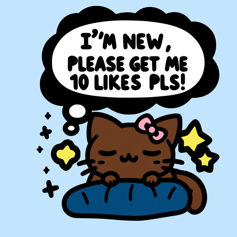 kitty taking a nap dream talking and saying "i'm new, please get me at least 10 likes pls!!"