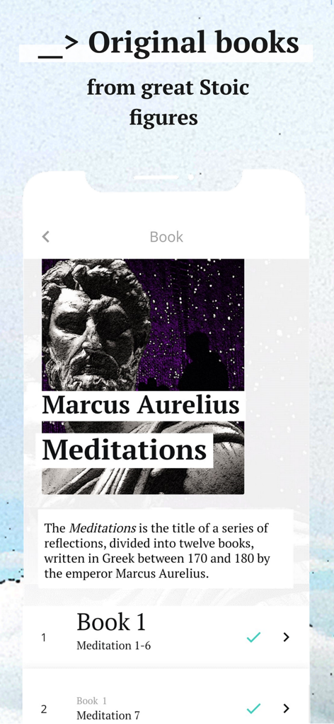 mmmarcus: a stoic mindset - Interface of the mmmarcus app featuring Marcus Aurelius Meditations book and original stoic readings