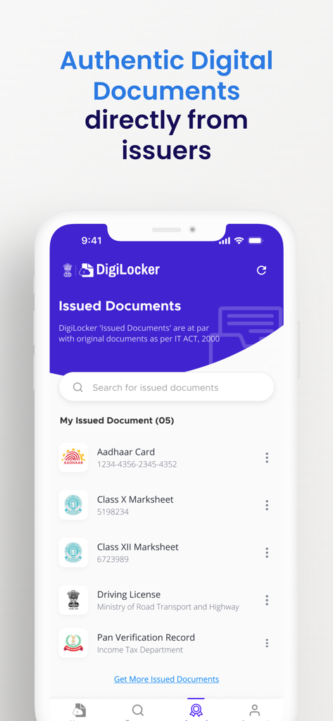 DigiLocker 앱 스크린샷, Aadhaar 카드 및 PAN 인증과 같은 발급된 디지털 문서 표시