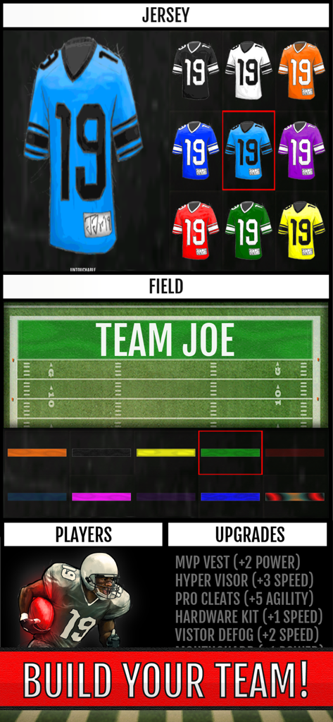 Football: Ted Ginn Kick Return - Football game customization menu showing jersey colors field options and player upgrades