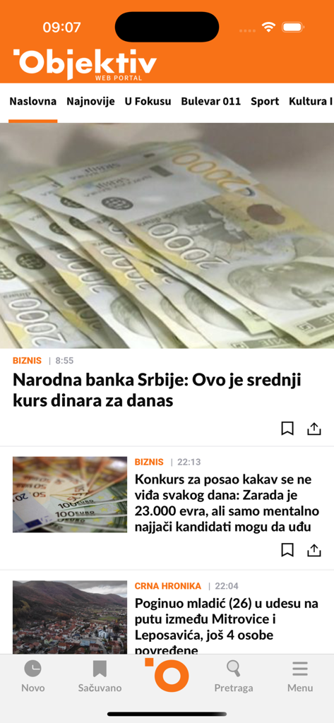 Capture d'écran de l'application Objektiv affichant un flux d'actualités avec des articles sur la monnaie serbe et les actualités des entreprises locales en langue serbe.