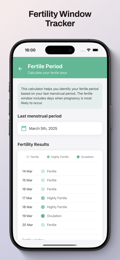 Obstetric Calculators - Fertility window tracker and ovulation calculator screen showing fertile and highly fertile days