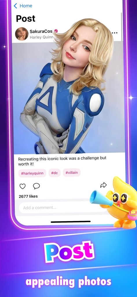 Interfaz de la app Jera mostrando una publicación de cosplay de alta calidad de un personaje con etiquetas e íconos de interacción.