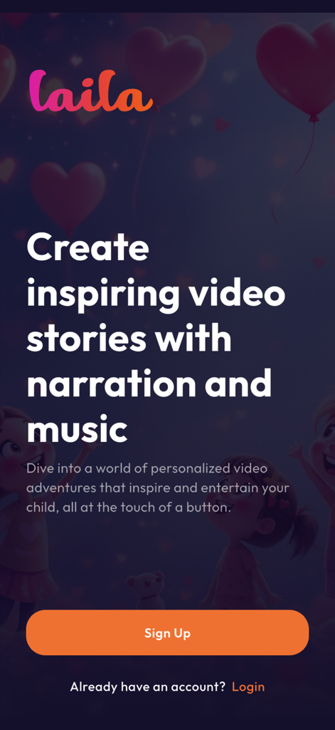 Laila: AI-Powered Storytelling - Splash screen of Laila app for creating AI animated video stories for kids with sign up options