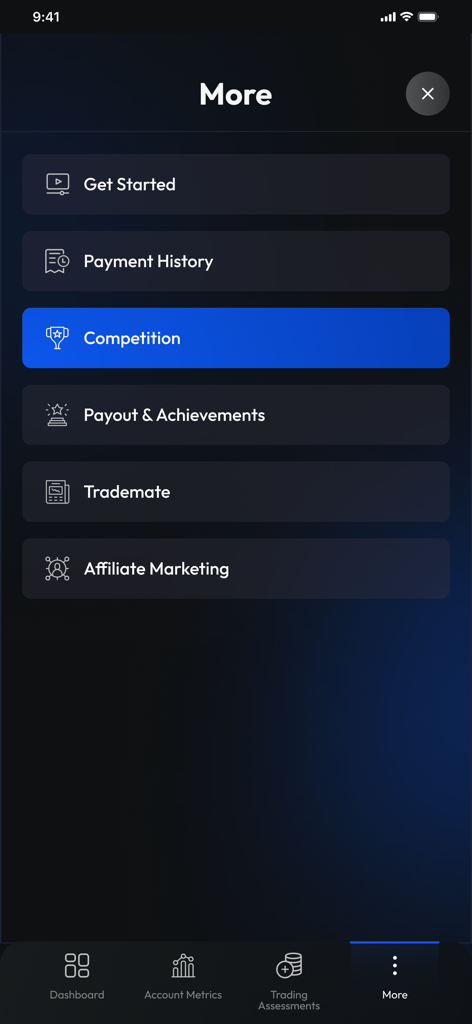 A menu screen of the Alpha Capital Group app showing options for competitions, payout history, and trading resources.
