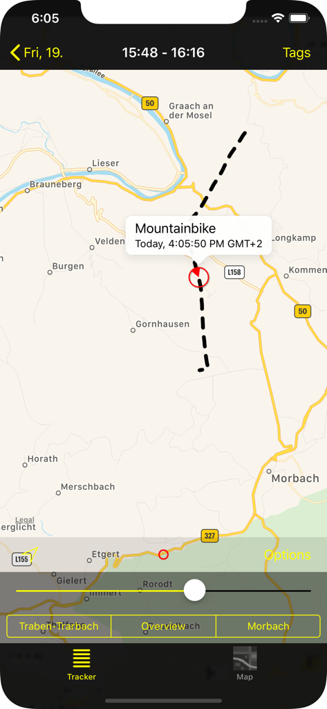 GPS Tracker Tool - L'app Strumento Tracker GPS visualizza la posizione di una mountain bike e il suo percorso su una mappa.