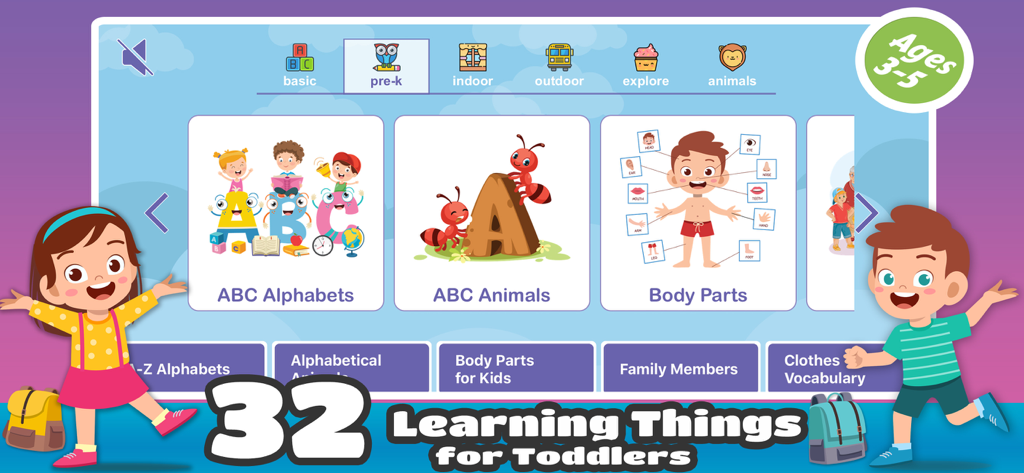 Pre-K Preschool Games for Kids - Educational app dashboard for toddlers showing 32 learning categories including ABCs and body parts