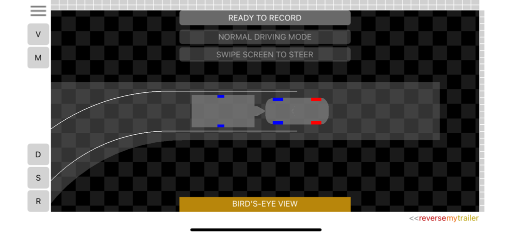ReverseMyTrailer - Birds eye view showing a car and trailer reversing in the simulator