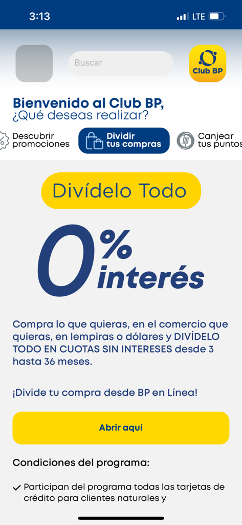 Club BP - Pantalla de bienvenida de la aplicación móvil Club BP que muestra una promoción de financiamiento a 0% de interés para los tarjetahabientes de Banpais.