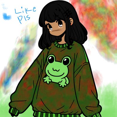 girl wearing frogging sweatshirt