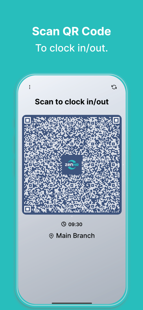 ZenHR Clock - ZenHR Clock App-Oberfläche, die einen dynamischen QR-Code zum Ein- und Ausstempeln von Mitarbeitern anzeigt