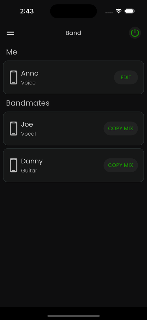 StageWave - StageWave app interface showing band members list with options to edit and copy monitor mixes