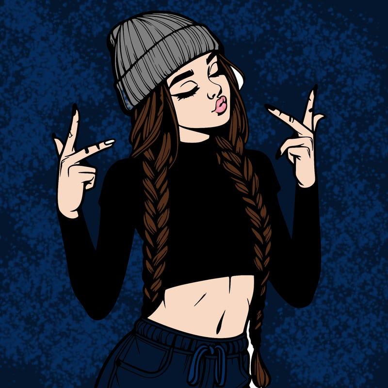 realistic teenage girl with braids and a beanie and crop top doing 🫶🏼