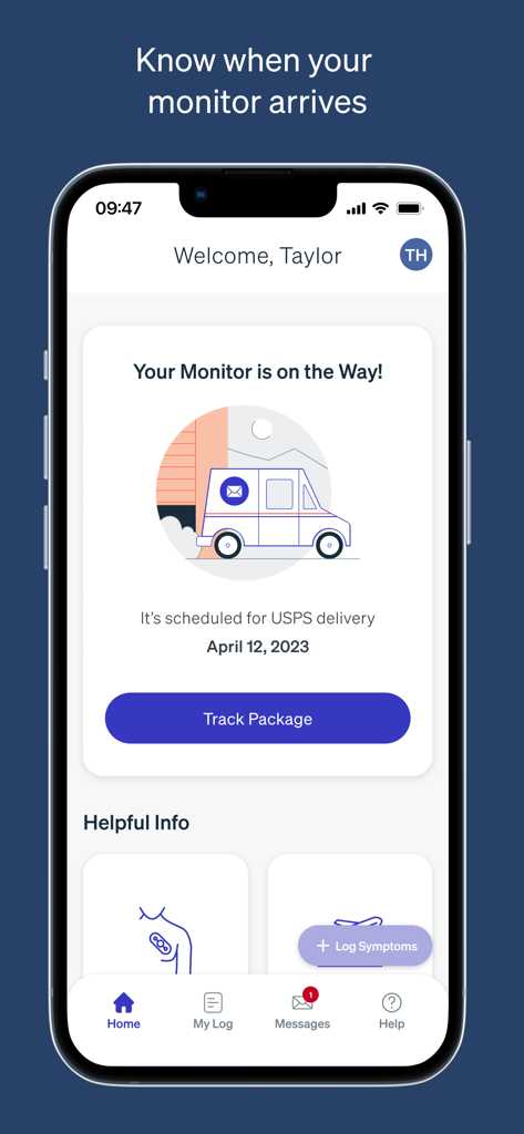 MyZio app home screen showing ECG monitor shipping status with a delivery date and track package button