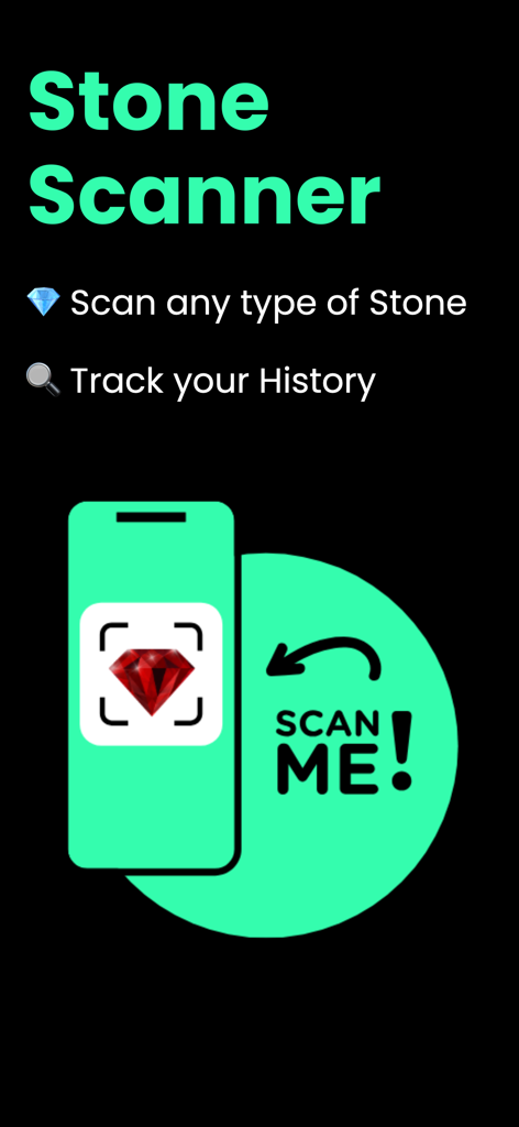 Rock & Stone Identifier AI IBG - Interfaz de la aplicación Stone Scanner mostrando características para escanear cualquier tipo de piedra y rastrear el historial de escaneo